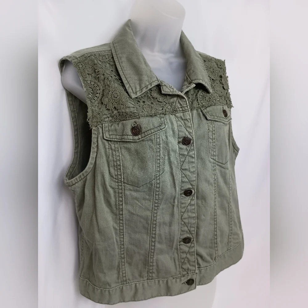 Green MUDD‎ Vintage Sleeveless Office XL Denim Vest with Lace Detail (#1,538)(C) - Picture 6 of 8